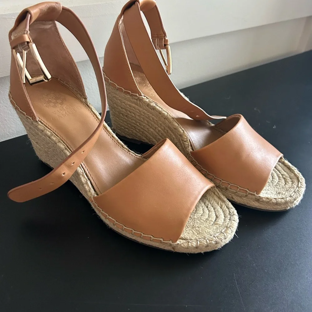 Vince Camuto Camel Leather Espadrille Wedge Heels Sandals - Picture 2 of 9